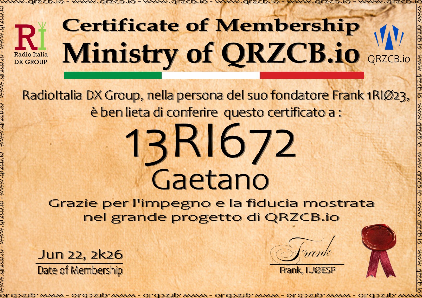 Membership Certificate of 13RI672