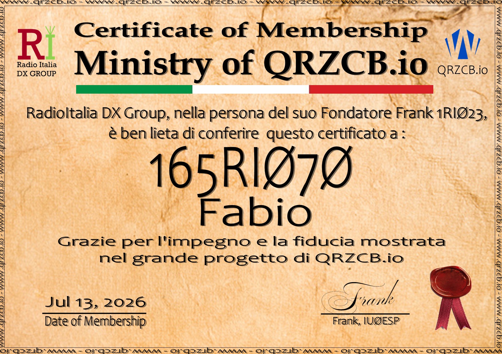 Membership Certificate of 165RI070