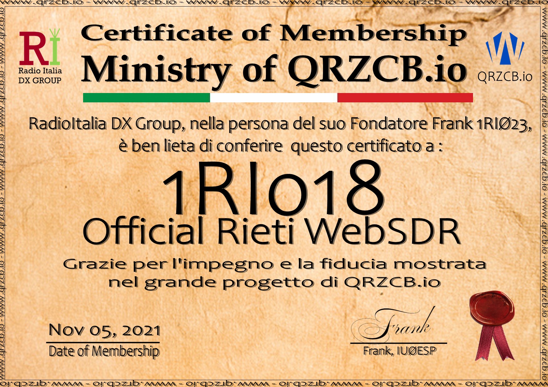 Membership Certificate of 1RI018