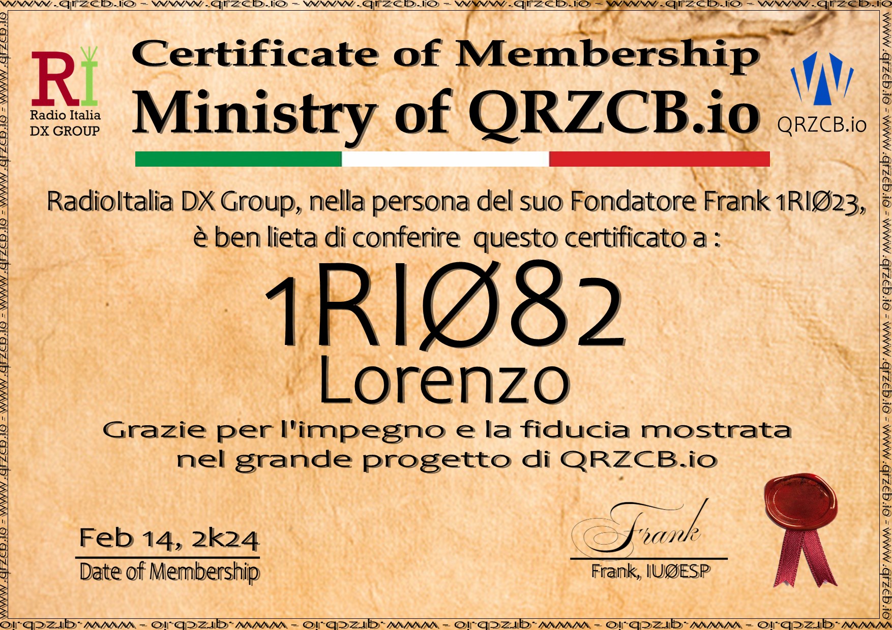 Membership Certificate of 1RI082