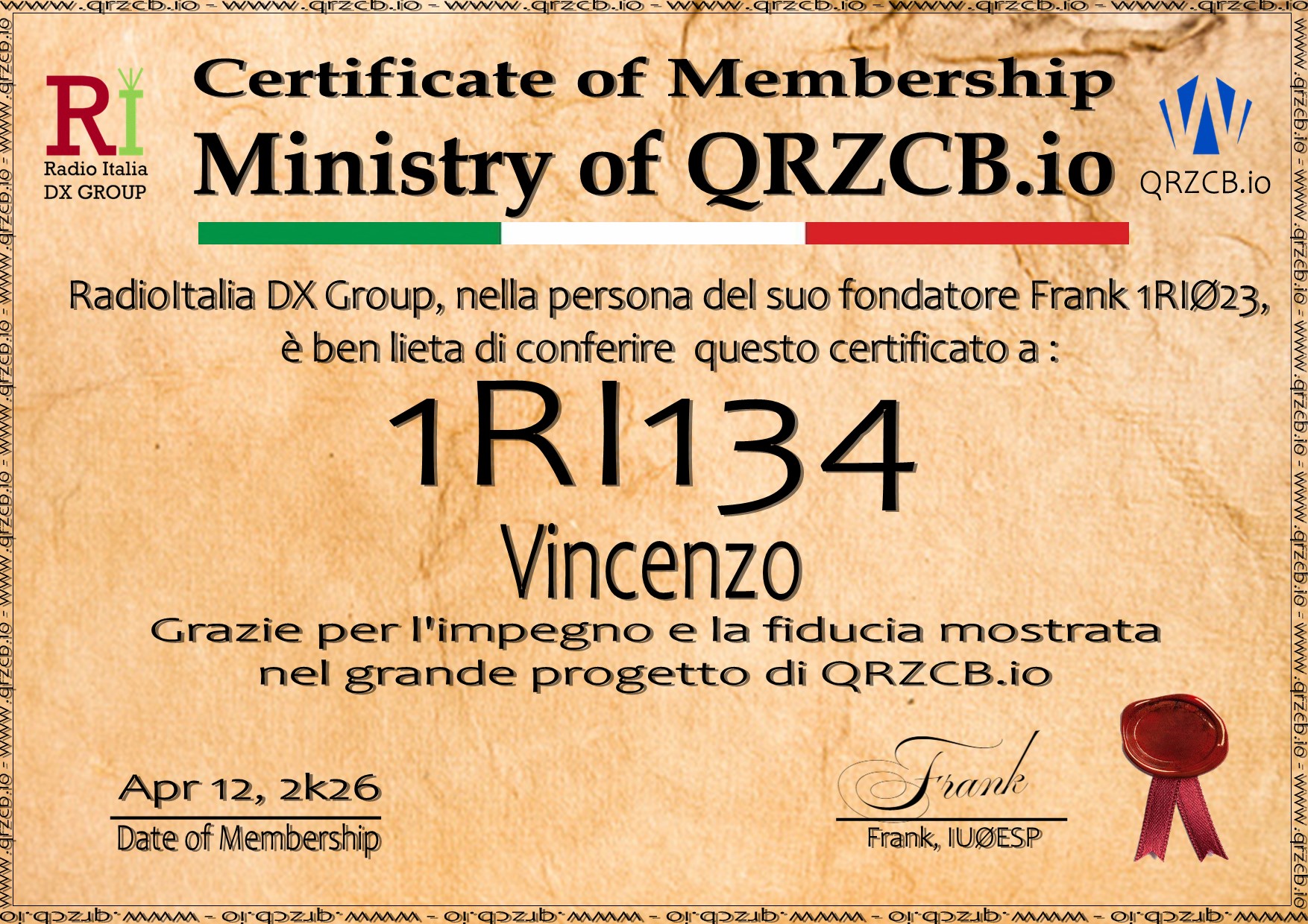 Membership Certificate of 1RI134