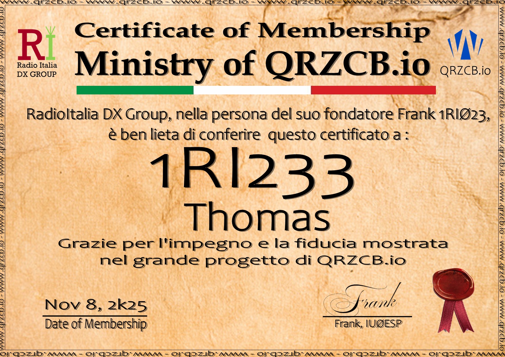 Membership Certificate of 1RI233
