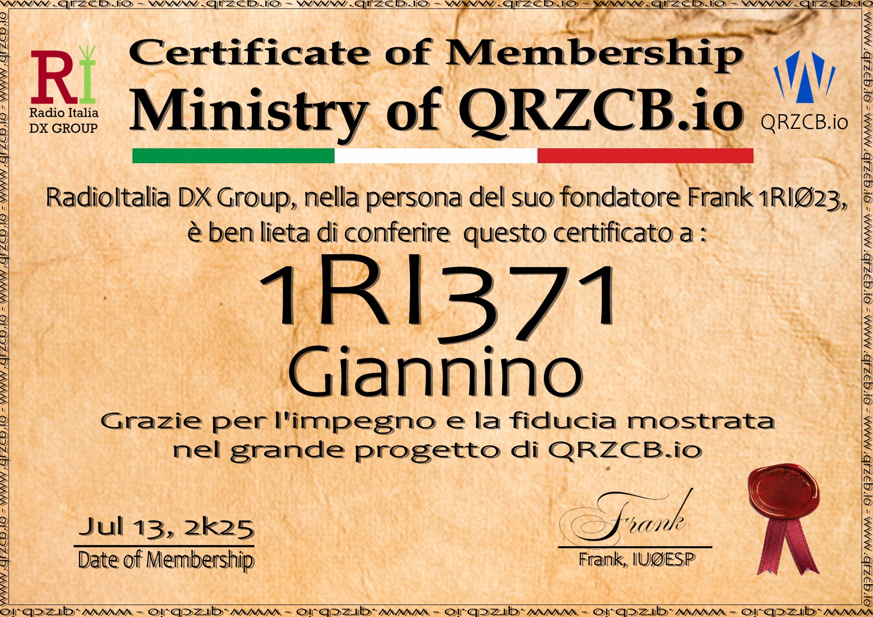 Membership Certificate of 1RI371
