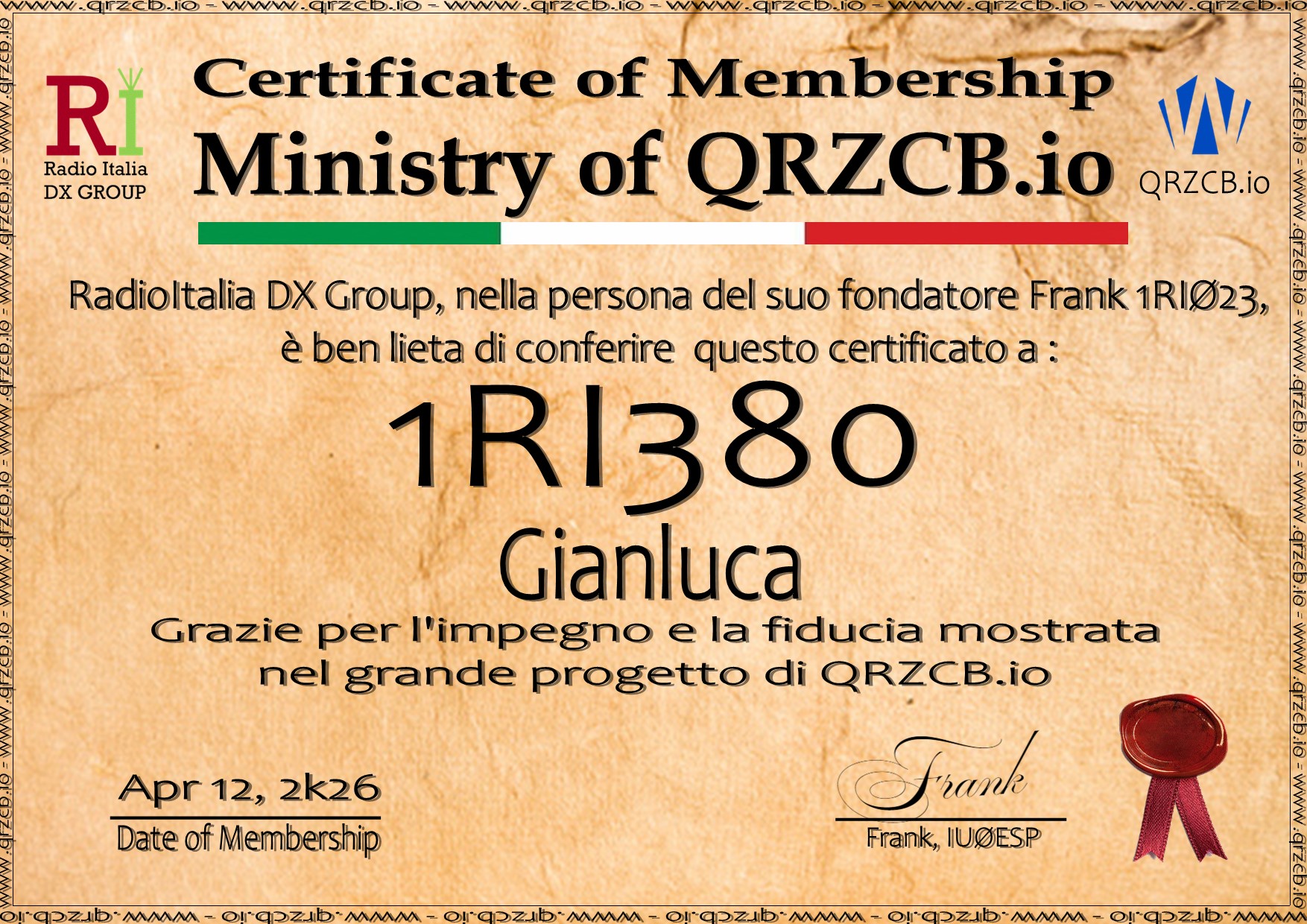 Membership Certificate of 1RI380