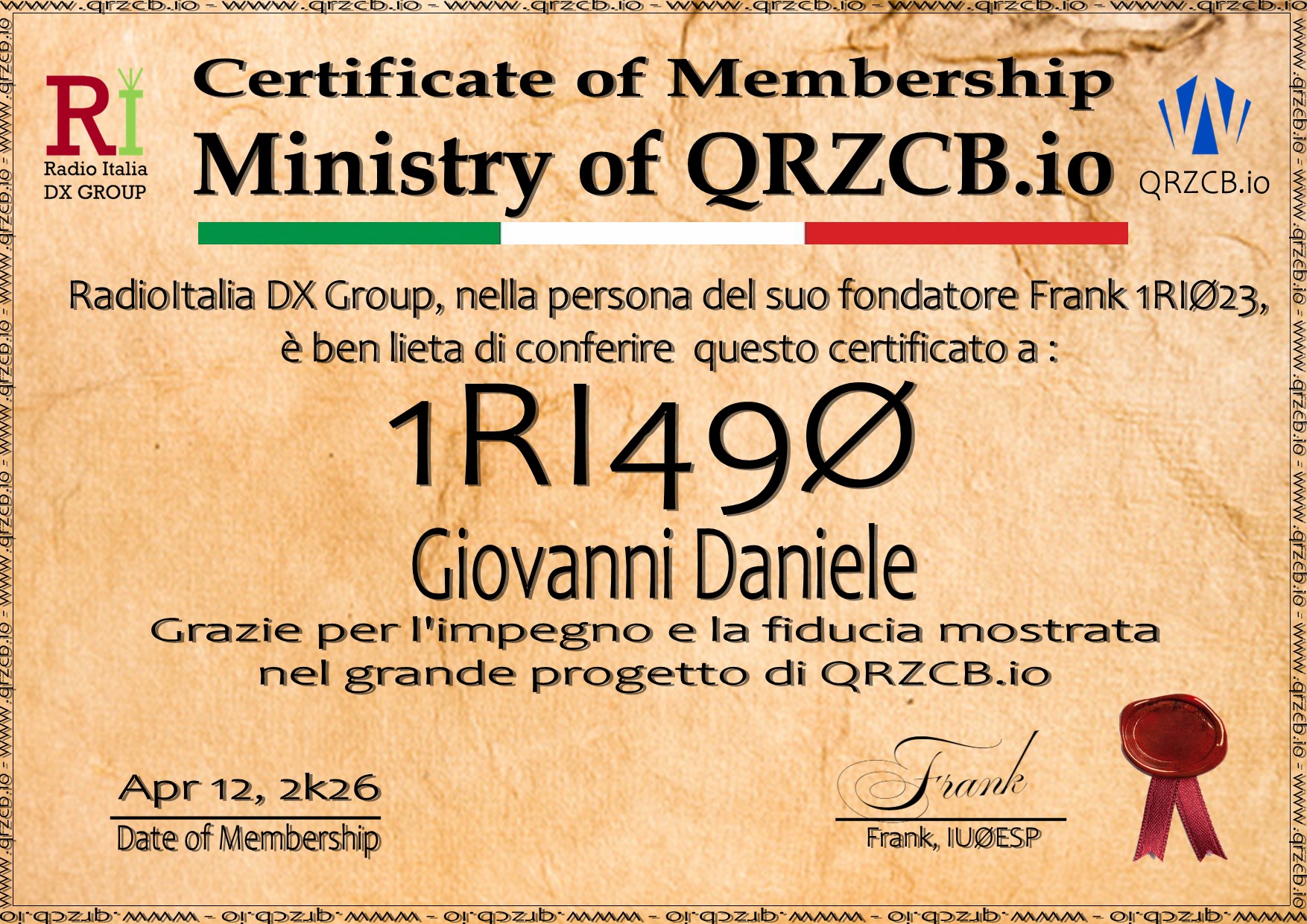 Membership Certificate of 1RI490