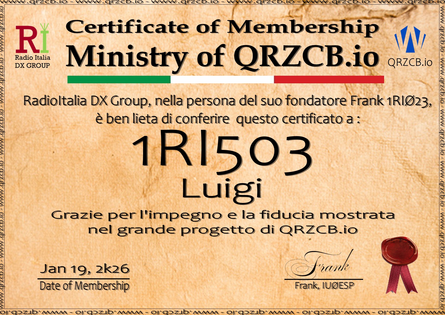 Membership Certificate of 1RI503