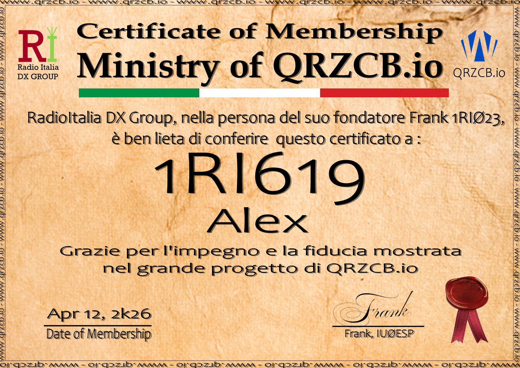 Membership Certificate of 1RI619