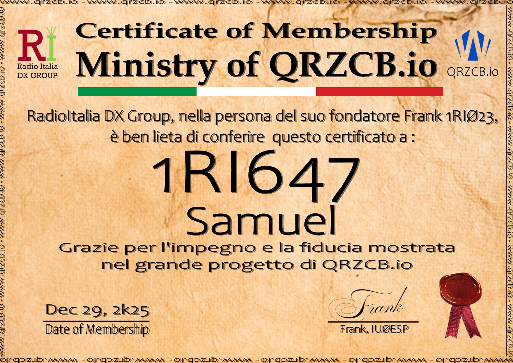 Membership Certificate of 1RI647