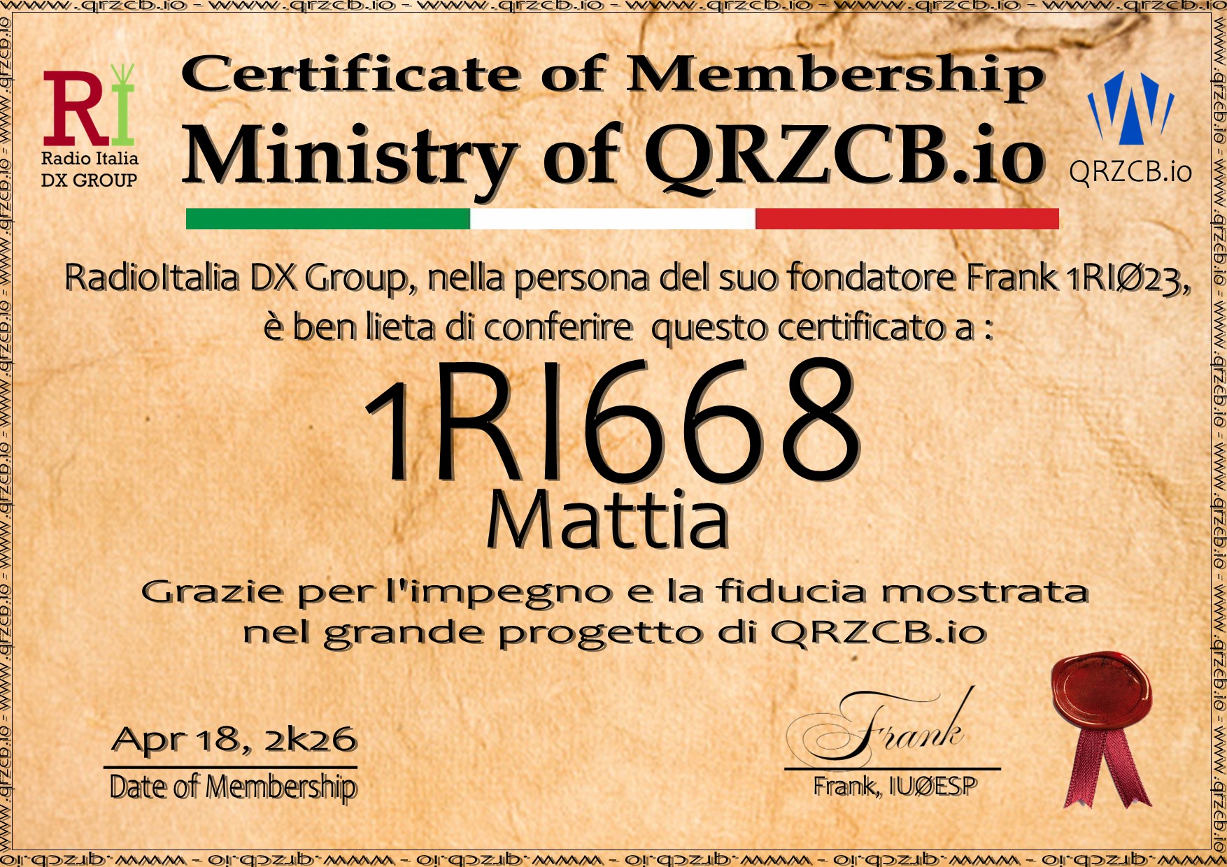 Membership Certificate of 1RI668