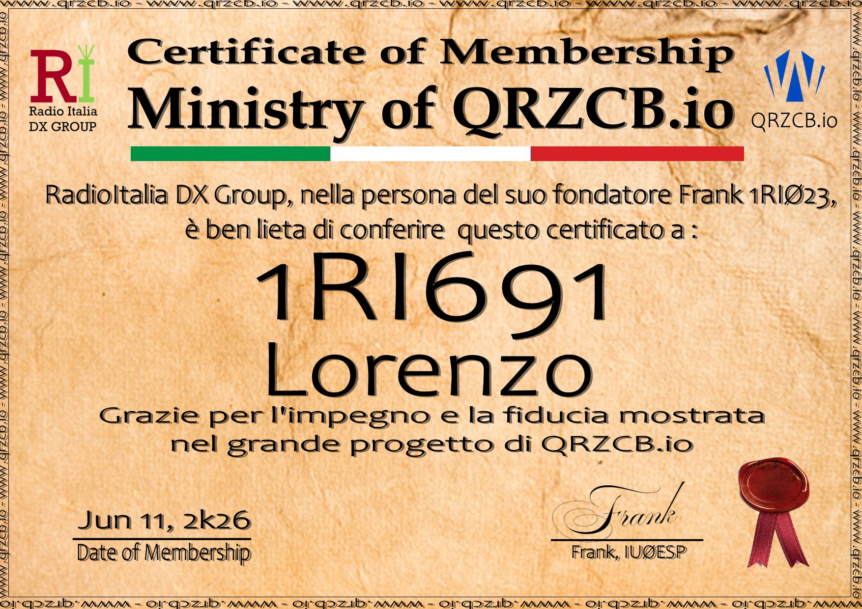 Membership Certificate of 1RI691