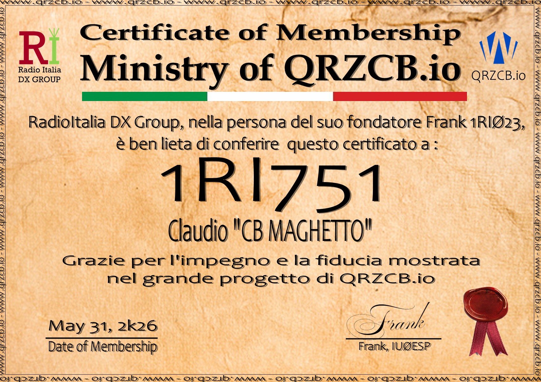 Membership Certificate of 1RI751