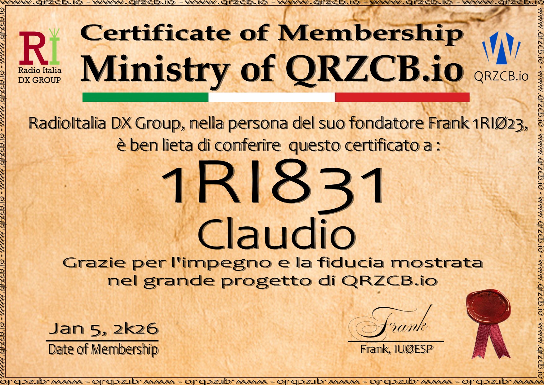 Membership Certificate of 1RI831