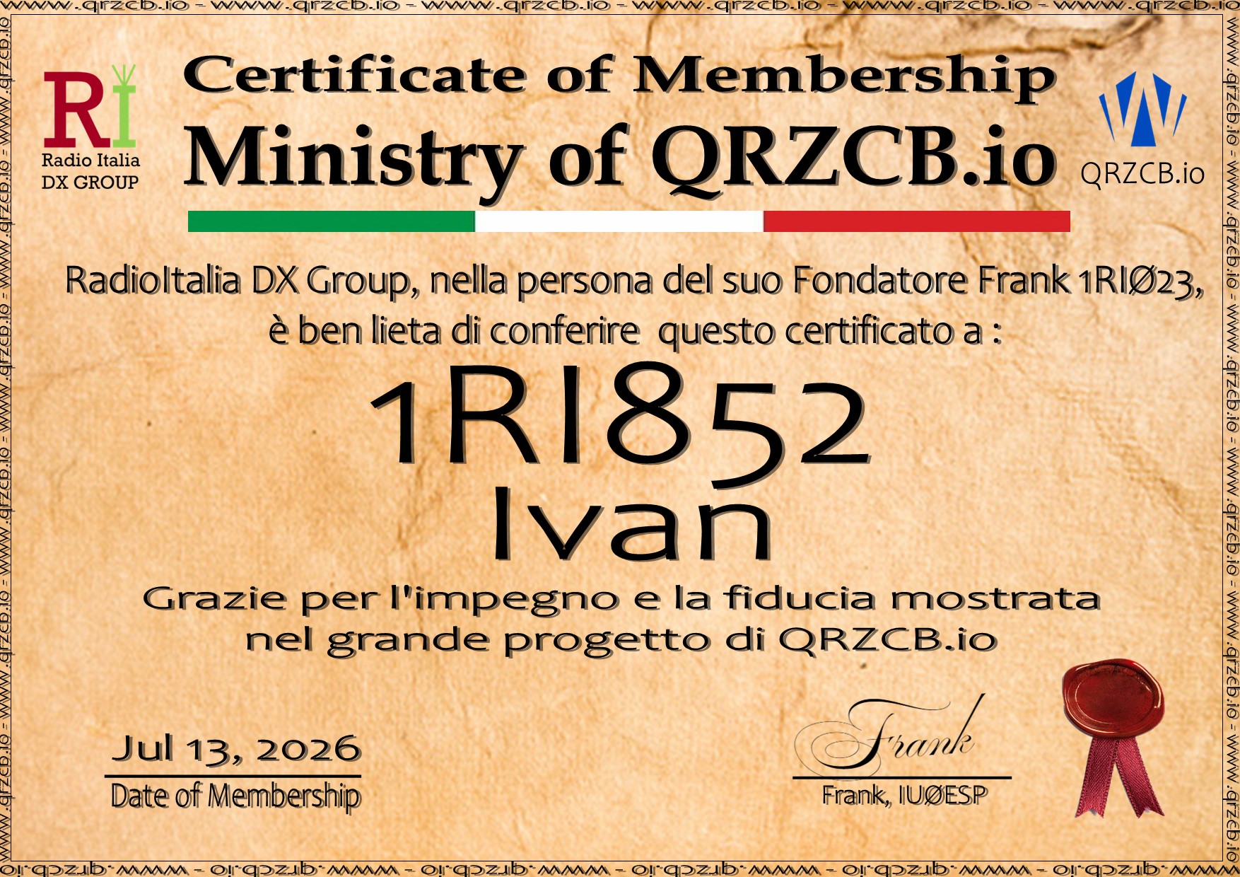 Membership Certificate of 1RI852