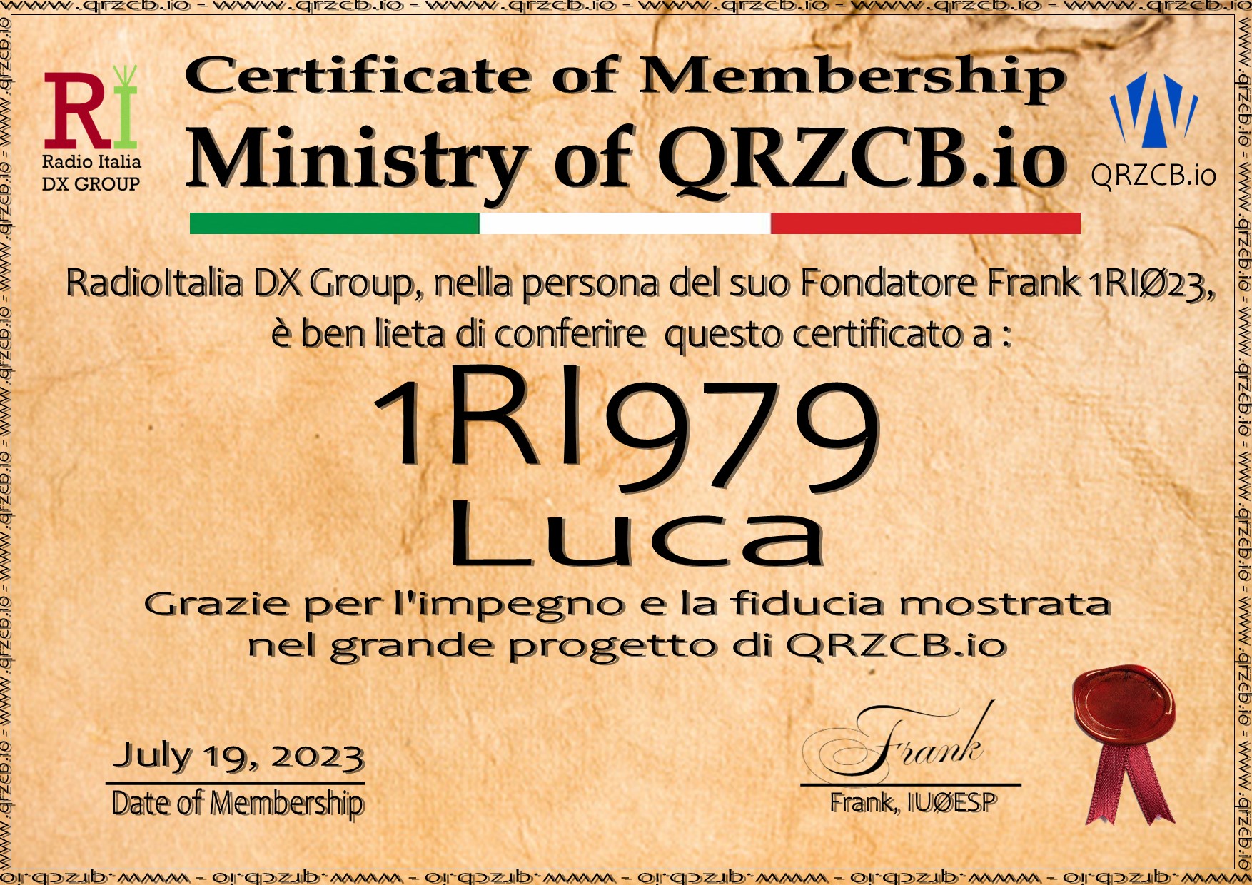 Membership Certificate of 1RI979