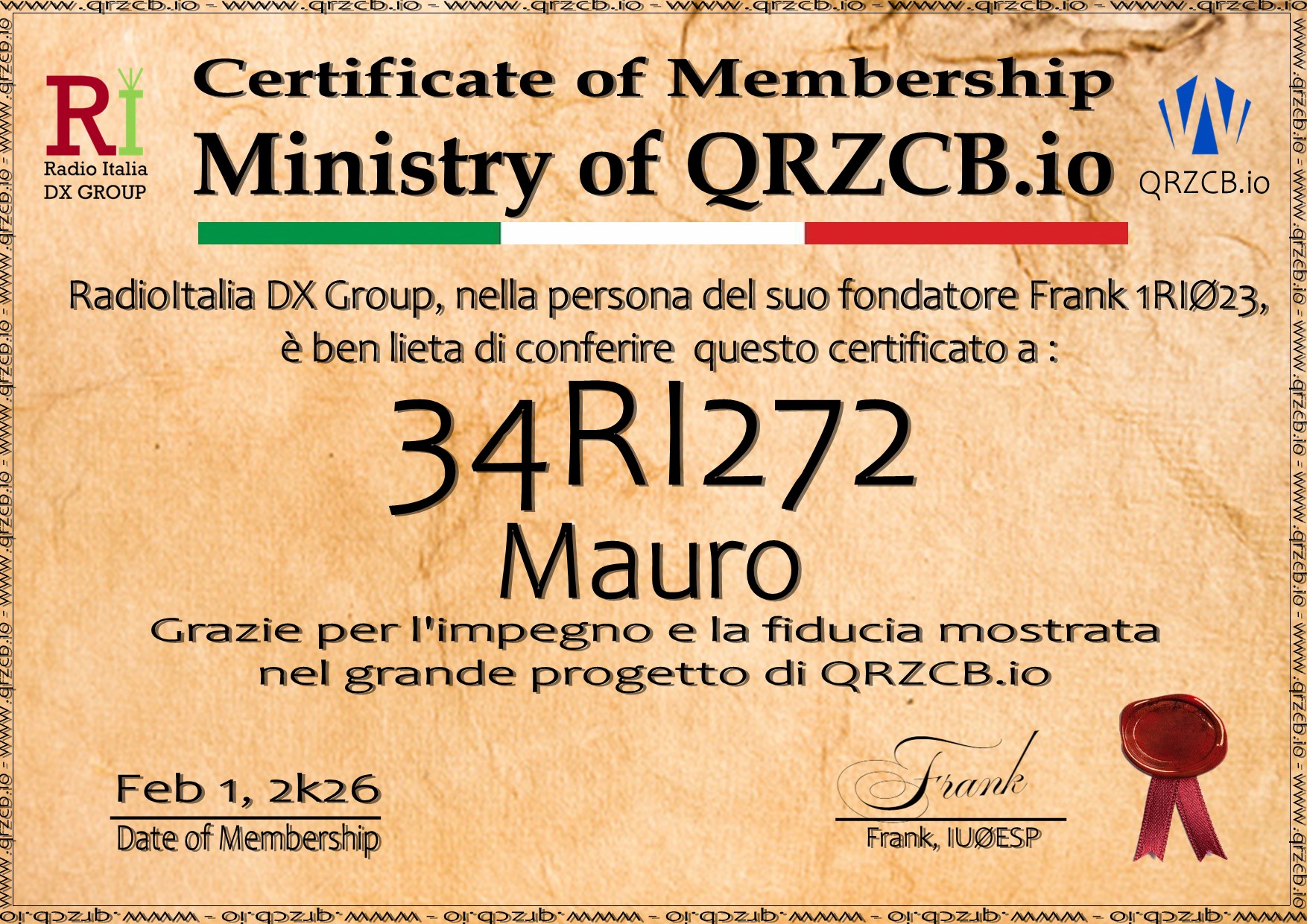 Membership Certificate of 34RI272