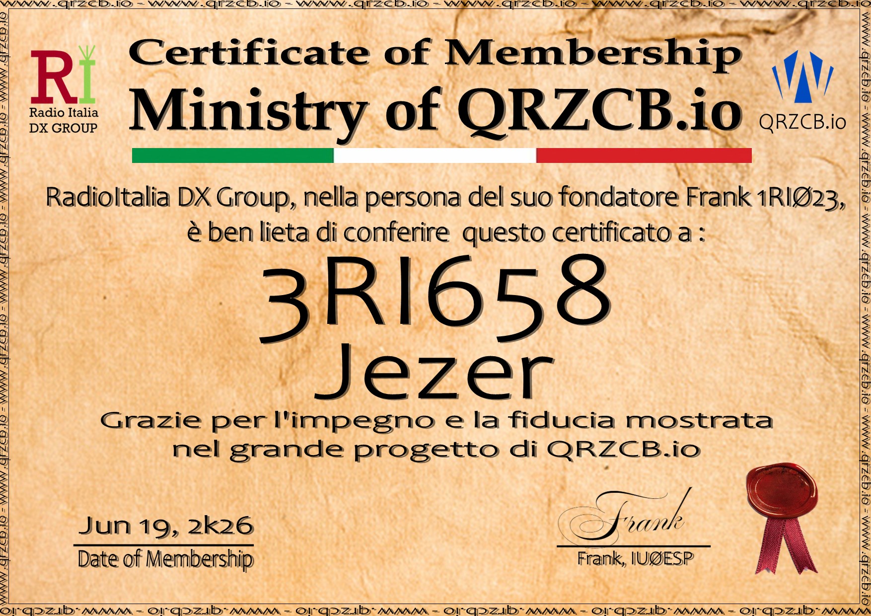 Membership Certificate of 3RI658